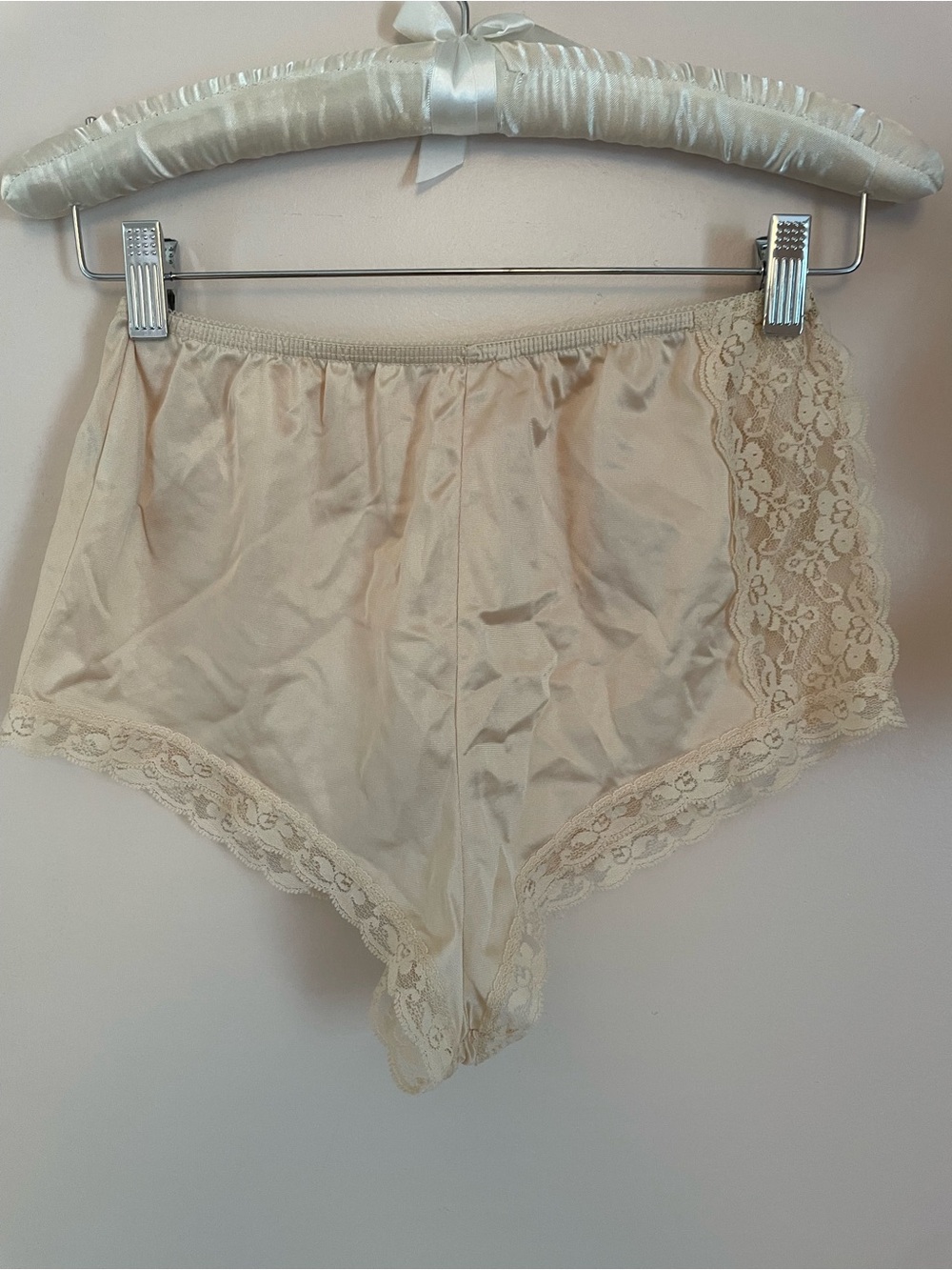 Silky Lace-Trim High-Waist Tap Pants in Tan